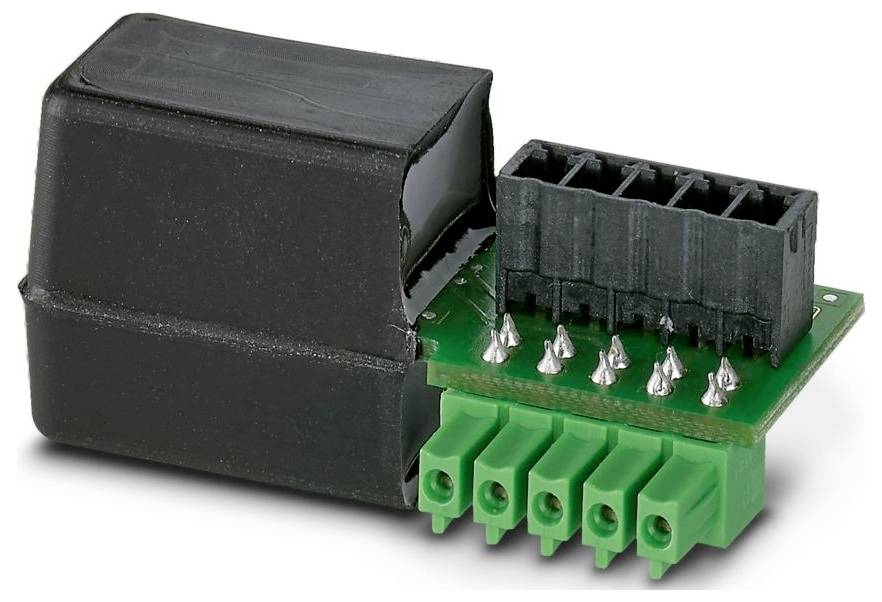 Ein schwarzer Spannungswandler mit einem grünen Anschlussblock und mehreren Metallstiften, der für elektrische Messungen oder Überwachung verwendet wird.