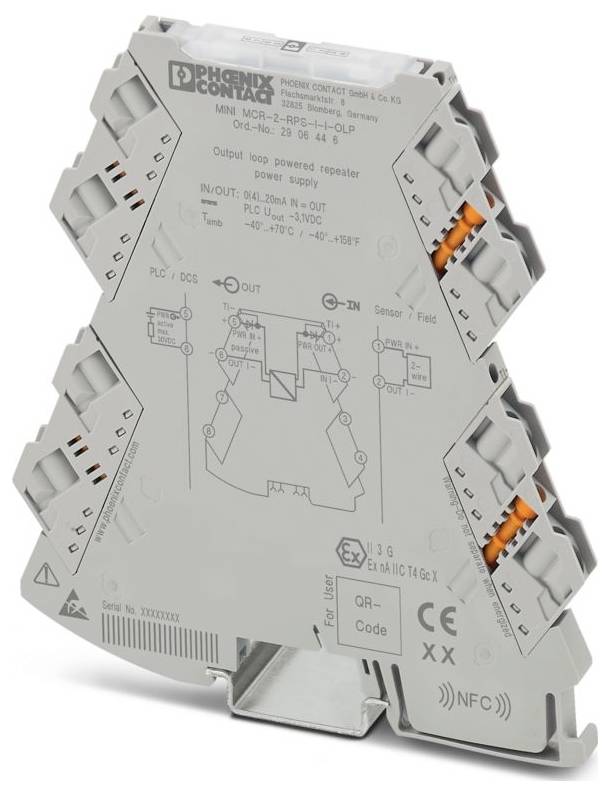 Phoenix Contact Signalwiederholer für die Signalverarbeitung mit gekennzeichneten Eingängen, Ausgängen und Klemmenverbindungen für industrielle Anwendungen.