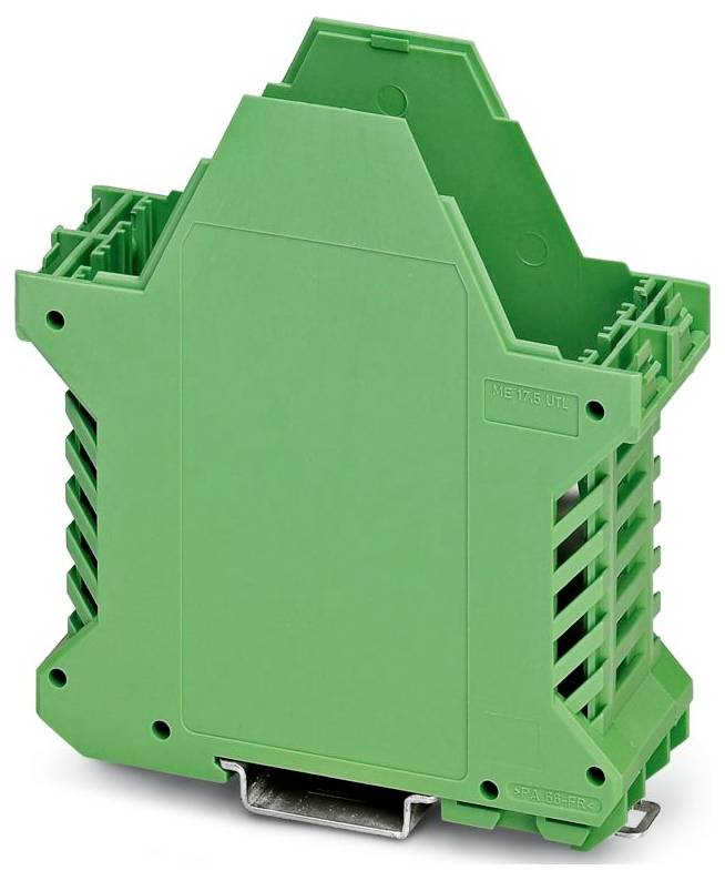 Eine grüne modulare elektronische Gehäuseeinheit mit mehreren Lüftungsöffnungen und einer Metallmontierungsklammer am unteren Ende, konzipiert für industrielle Anwendungen.