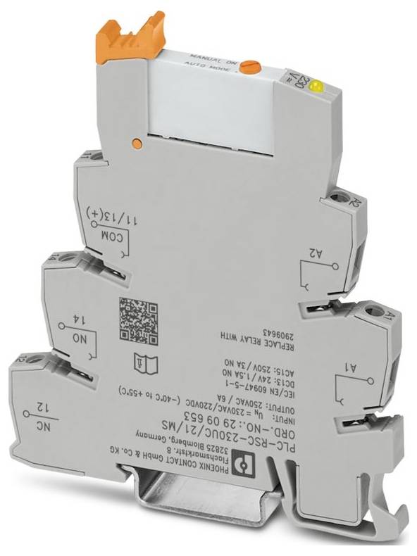 Einkanaliges steckbares Relais in einem schlanken, modularen Gehäuse mit sichtbaren Kontaktdetails und Beschriftungen für technische Spezifikationen.