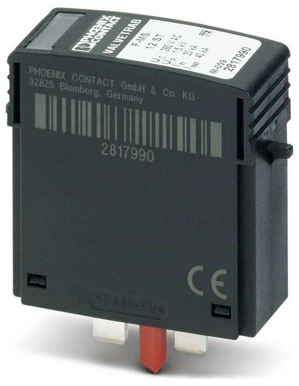 PHOENIX CONTACT elektronische Komponente mit Modellnummer 2817990. Schwarzes Gehäuse, CE-gekennzeichnet, mit Anschlüssen an der Unterseite.