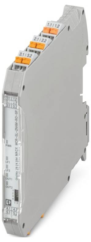 Ein schlankes, graues elektronisches Modul mit orangefarbenen Steckverbindern und gekennzeichneten Abschnitten für Ein- und Ausgänge, das in der Industrieautomation verwendet wird.