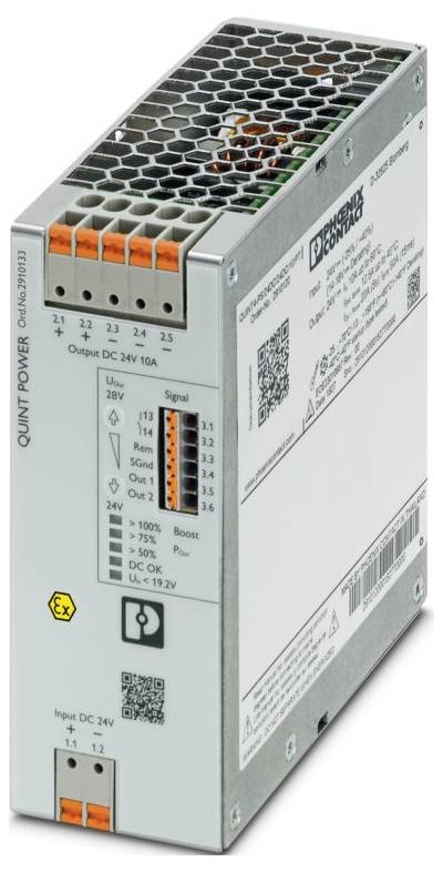 Eine graue industrielle Stromversorgungseinheit mit mehreren Anschlüssen mit der Aufschrift „Output DC 24V 10A
