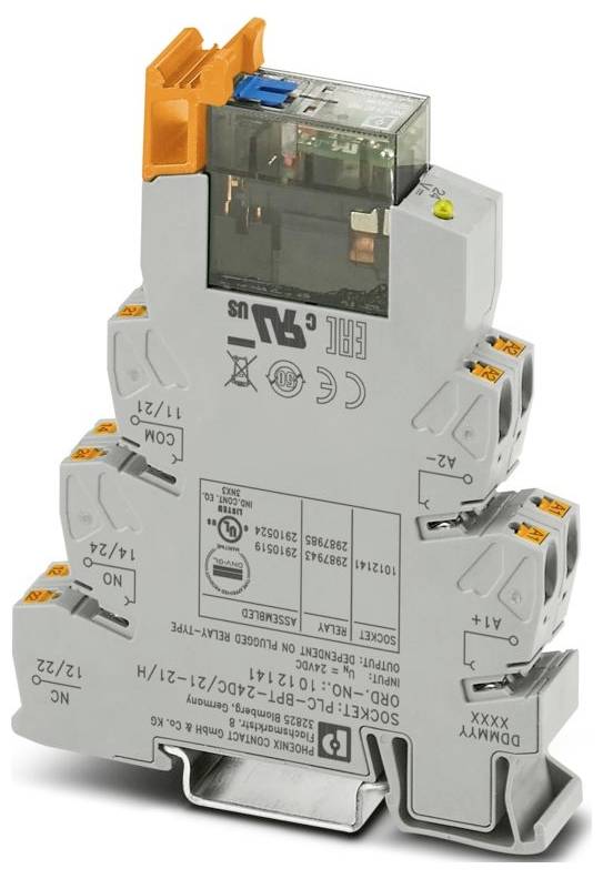 Ein graues DIN-Schienen-Relaismodul mit orangefarbenen Anschlüssen, das in elektrischen Steuerungssystemen zum Verbinden und Schalten von Stromkreisen verwendet wird.
