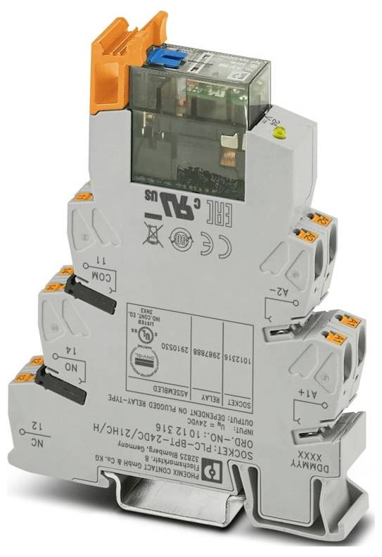Ein kompaktes Industrie-Relais mit mehreren Anschlussports und gekennzeichneten Spezifikationen, das zur Steuerung von elektrischen Schaltkreisen verwendet wird.
