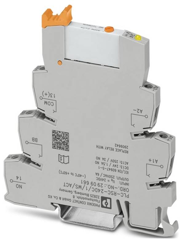 Relaismodul mit schlankem, kompaktem Design, gekennzeichnet mit technischen Spezifikationen; beinhaltet Anschlüsse für 'COM', '11', '14' und Steuertasten.