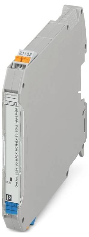 Ein schlankes, graues elektronisches Modul mit Bezeichnungen und Anschlüssen auf der Ober- und Unterseite, das für industrielle Automatisierung oder elektrische Systeme verwendet wird.