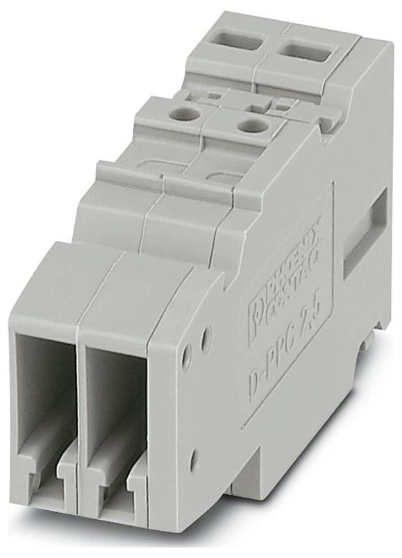 Ein graues Elektroklemmenblock mit dualen Ein-/Ausgangsanschlüssen, konzipiert zum Verbinden und Sichern von Elektrokabeln in einem Stromkreis.