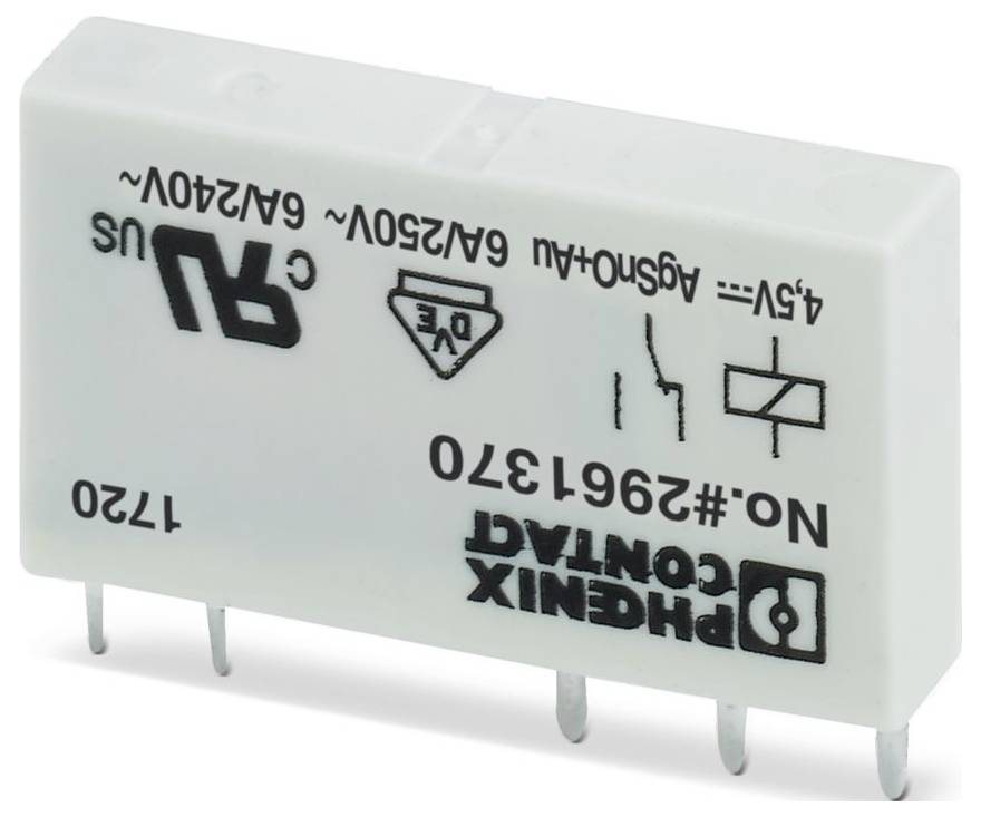Eine weiße elektronische Relaiskomponente mit mehreren Anschlüssen wird angezeigt, die Symbole und Text mit technischen Spezifikationen und Herstellerkennzeichnung aufweist.