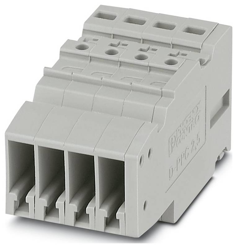 Ein grauer Stromverteilblock mit vier Drahtanschlüssen.
