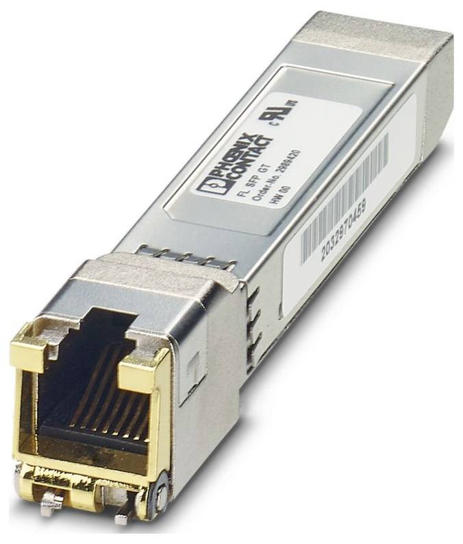Ein Metall-Optiktransceiver-Modul mit Anschlüssen und Herstellerkennzeichnung, das für die Hochgeschwindigkeits-Datenkommunikation in Netzwerkgeräten verwendet wird.