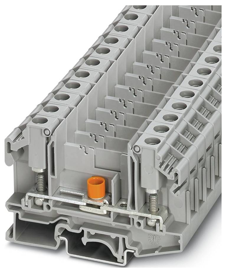 Ein graues Anschlussblöckchen mit mehreren Verbindungspunkten und einem orangefarbigen Komponententeil ist für Elektroverdrahtungsanwendungen konzipiert.