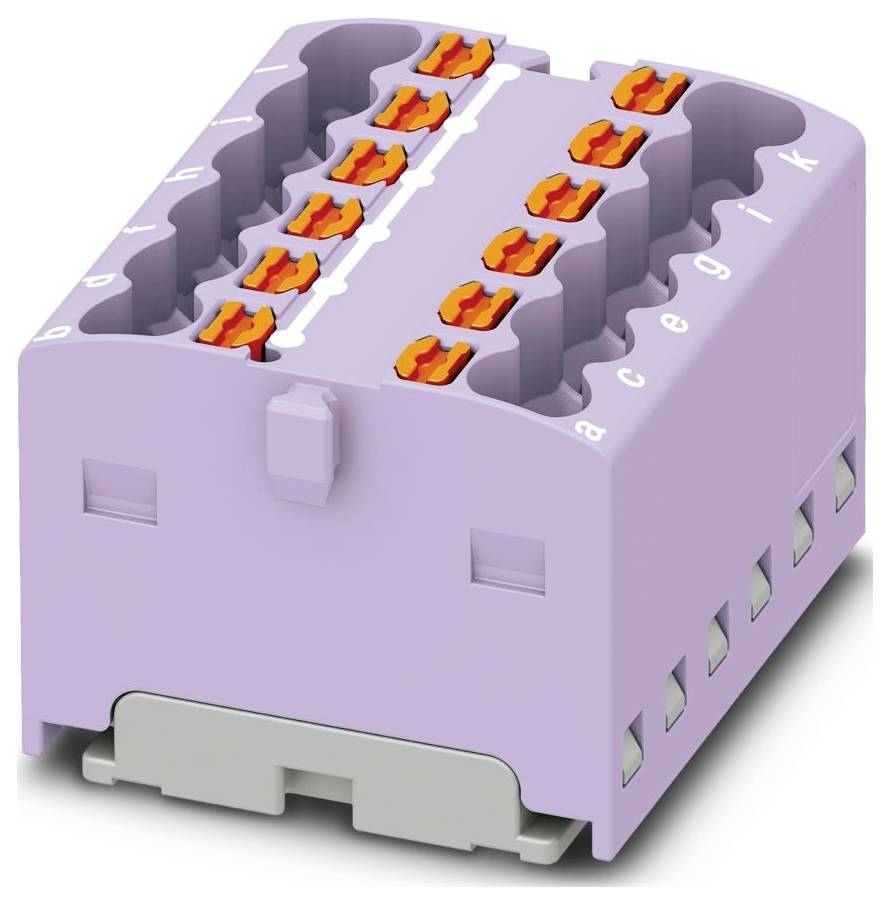 Ein 16-poliges violettes Klemmleistenmodul mit orangefarbenen Betätigungselementen für elektrische Verbindungen. Seitliche Beschriftungen enthalten Buchstaben zur Kennzeichnung.