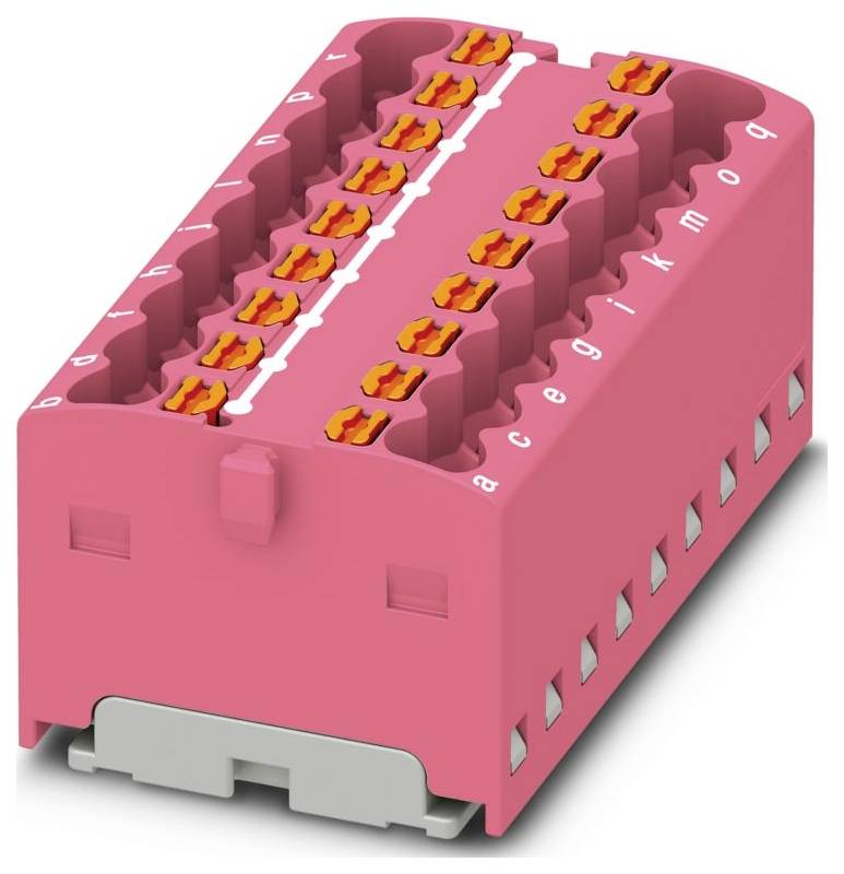 Ein rosa elektronisches Klemmenbrett mit orangefarbenen Anschlüssen, die oben mit 'a' bis 'k' gekennzeichnet sind, wird für die Verbindung von elektrischen Anschlüssen verwendet.