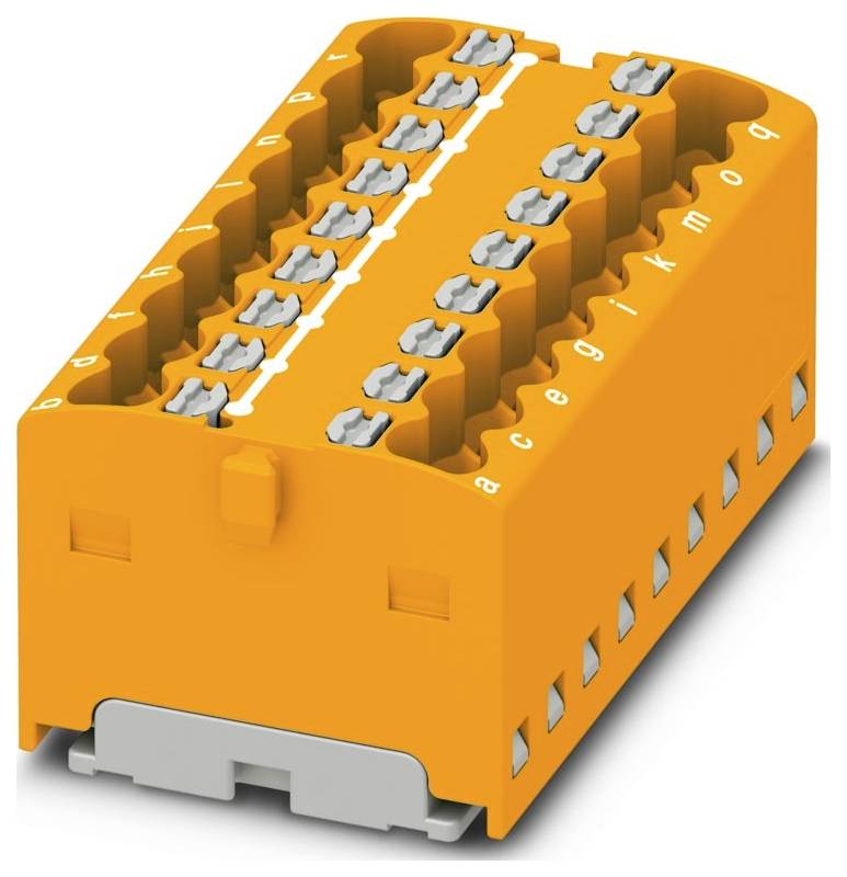 Ein violetter Elektrostecker mit mehreren orangefarbenen Kontaktpunkten ist auf einer grauen Schiene montiert und wird für effiziente Verdrahtungsverbindungen verwendet.