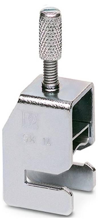 Eine Metallklemme mit einer Gewindeschraube auf der Oberseite, die zum Befestigen von Objekten verwendet wird. Sie hat einen rechteckigen Körper und einen offenen Schlitz an der Unterseite zum Greifen.