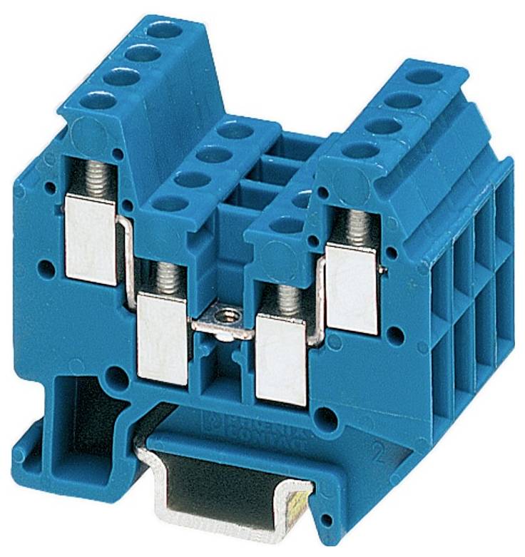 Eine blaue Kunststoffendkappe mit der Kennzeichnung 'PHOENIX CONTACT Typ D-MT 1,5' für elektrische Reihenklemmen.