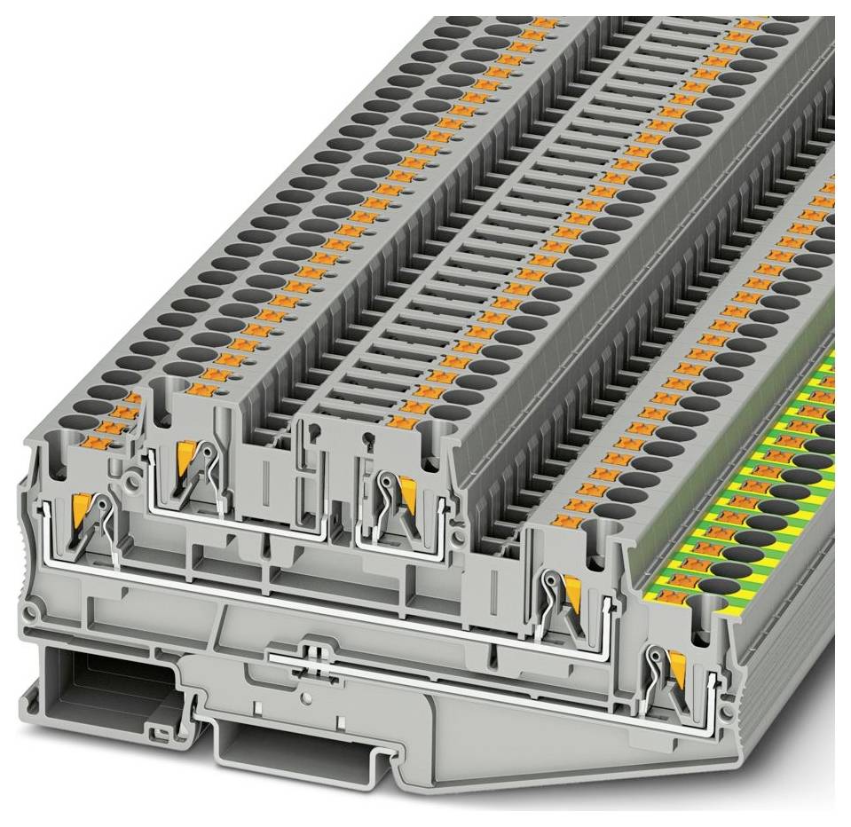 Klemmenleiste mit mehreren Anschlußpunkten und orangefarbenen Hebeln, konzipiert zur Organisierung und Verwaltung der Elektroverkabelung.