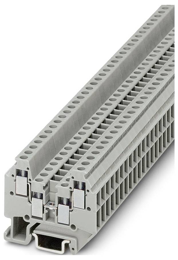Ein grauer modularer Klemmleistenblock mit mehreren Anschlüssen und Metallklemmen, der in der Elektrotechnik zur Verdrahtungsverwaltung verwendet wird.