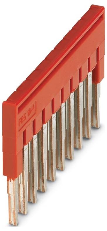 Eine rote elektrische Komponente mit fünf Metallstiften, die als Jumper-Brücke zum Verbinden von Anschlüssen verwendet wird, nach links zeigend.