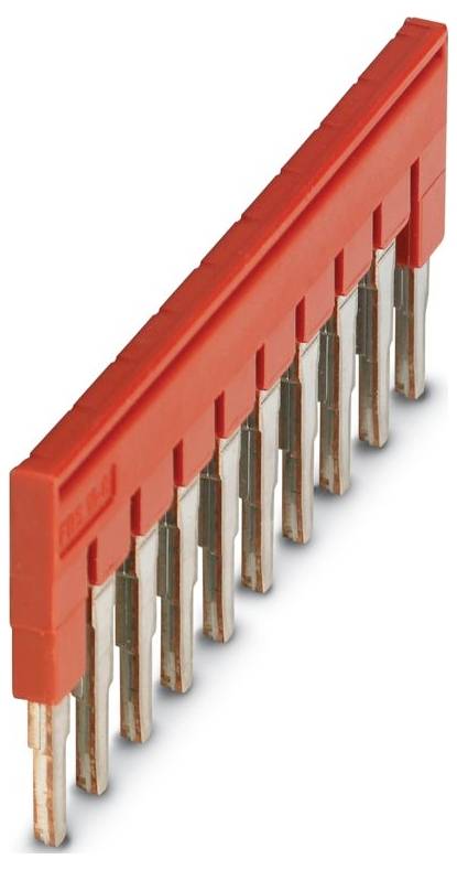 Eine rote Steckbrücke mit mehreren Metallstiften, die zum Verbinden von Stromkreisen verwendet wird, schräg vor einem hellen Hintergrund angewinkelt.