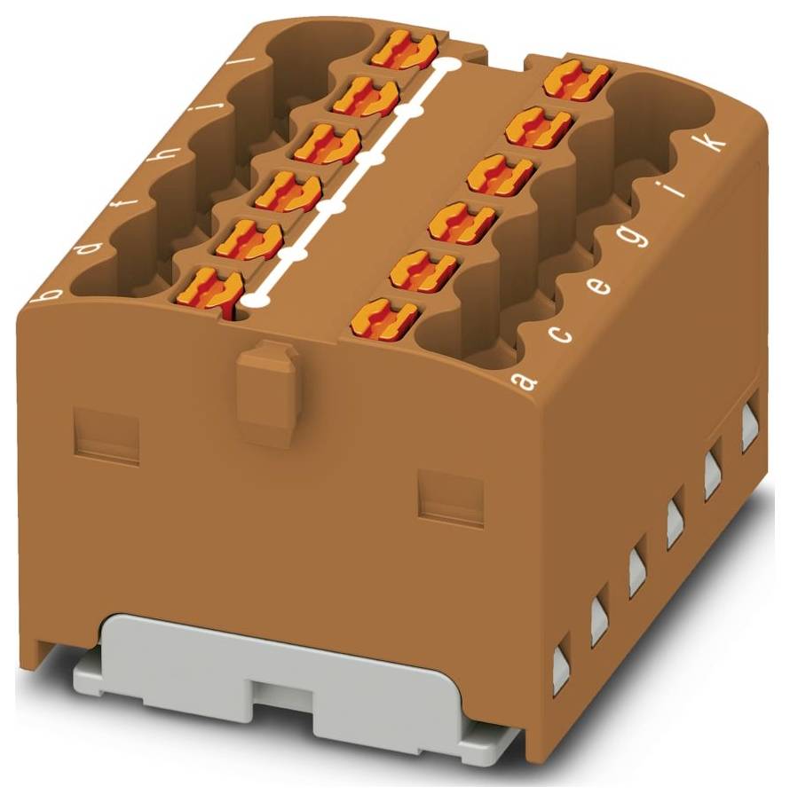 Ein mehrstöckiger schwarzer elektronischer Anschlussblock mit beschrifteten Klemmen „a