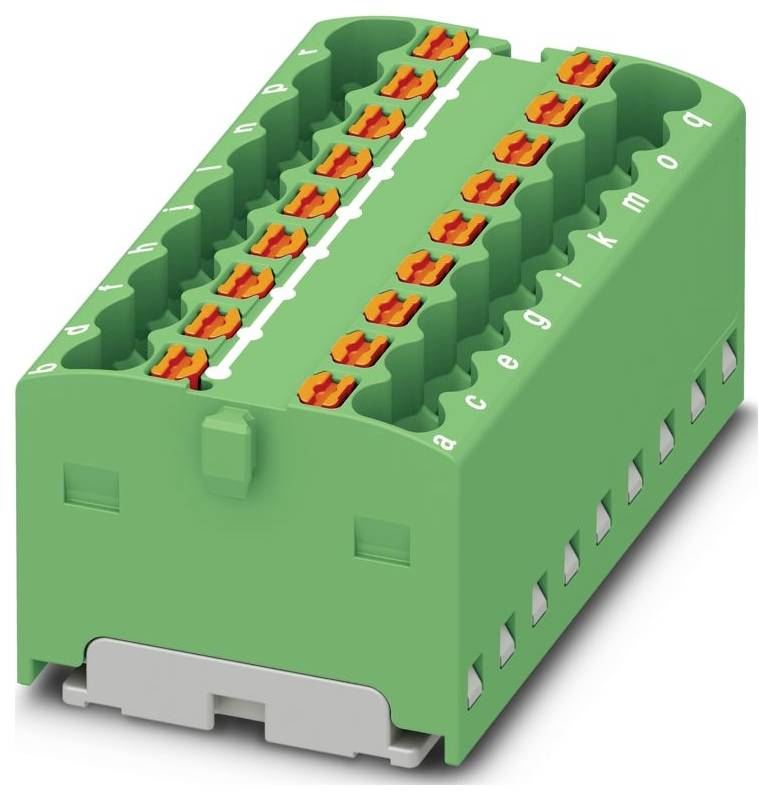 Ein grünes Elektroterminalblock mit mehreren orangefarbenen Steckverbindern, beschriftet mit 'a' bis 'q'. Wird für Verdrahtungsverbindungen in elektrischen Systemen verwendet.