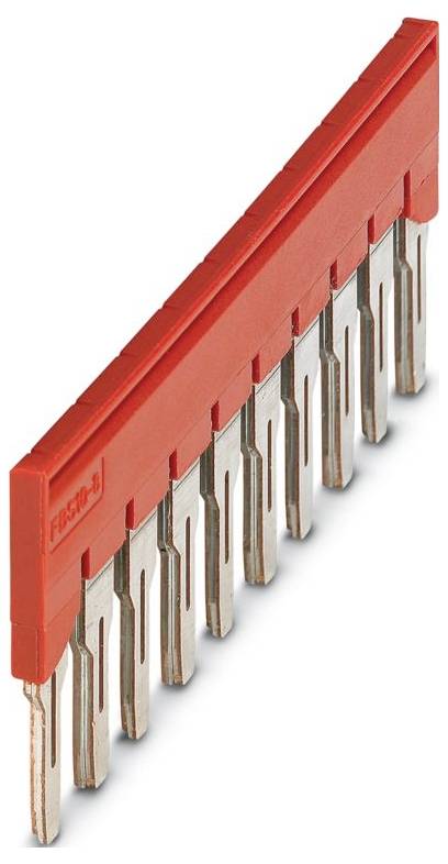 Ein rot-silberner Sammelschienenstecker mit zehn Anschlüssen. Wird für elektrische Verbindungen in Schutzschaltertafeln verwendet.