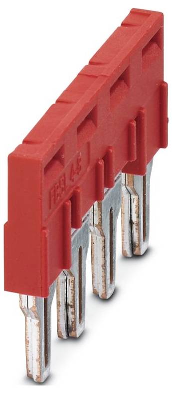 Ein rotes Stiftleistenband mit fünf Metallstiften, das für elektrische Verbindungen verwendet wird, in vertikaler Ausrichtung dargestellt.