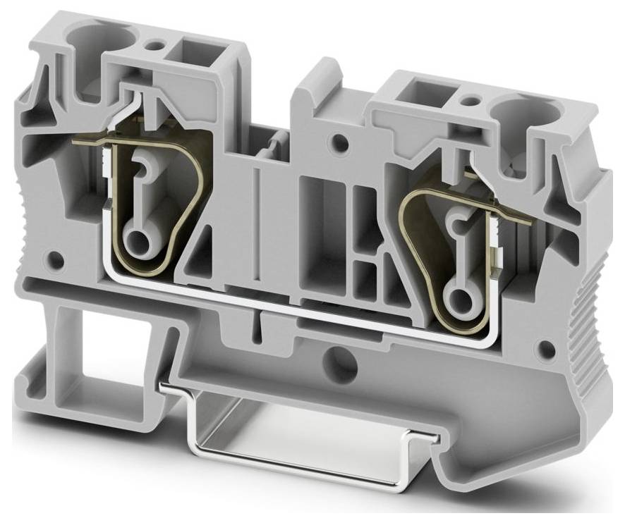 Ein graues modulares Anschlussterminal mit zwei Messingverbindungen, das für Elektroinstallationssysteme konzipiert ist und Schlitze und Steckverbinder zeigt.