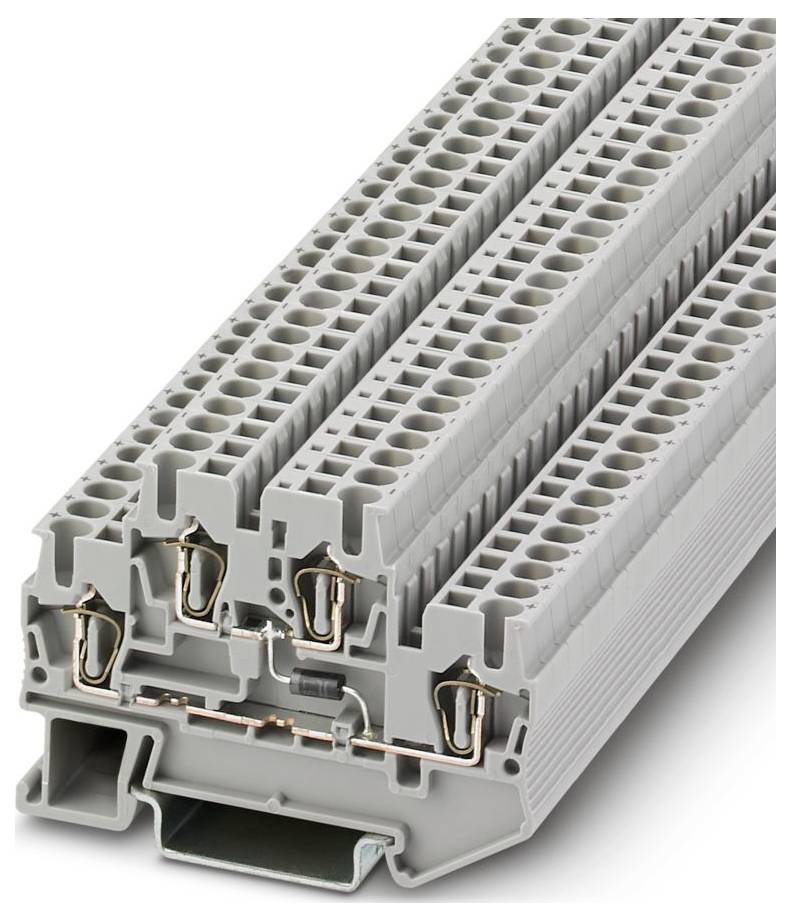Ein Stapel grauer modularer Anschlussblöcke mit mehreren Anschlußpunkten, die in elektrischen Systemen verwendet werden.