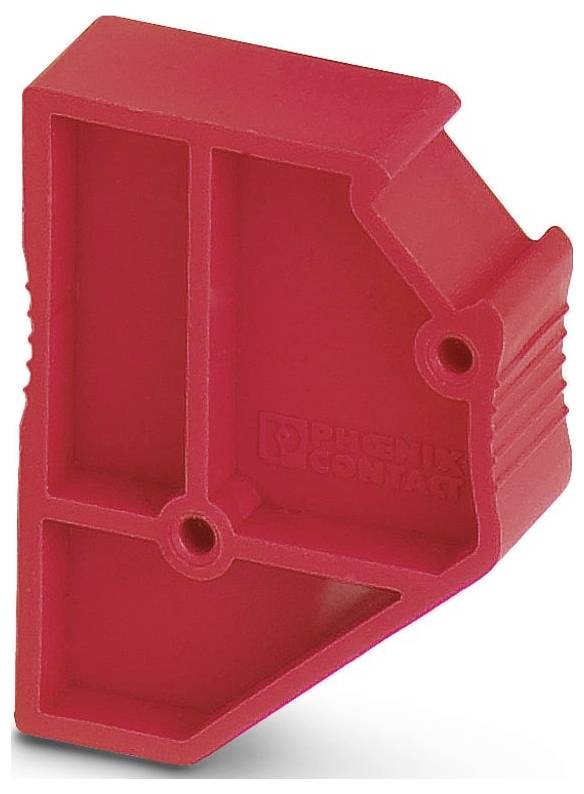Eine rote Endkappe für Klemmleisten mit trapezförmiger Form und zwei Befestigungslöchern, geprägt mit dem Logo „Phoenix Contact