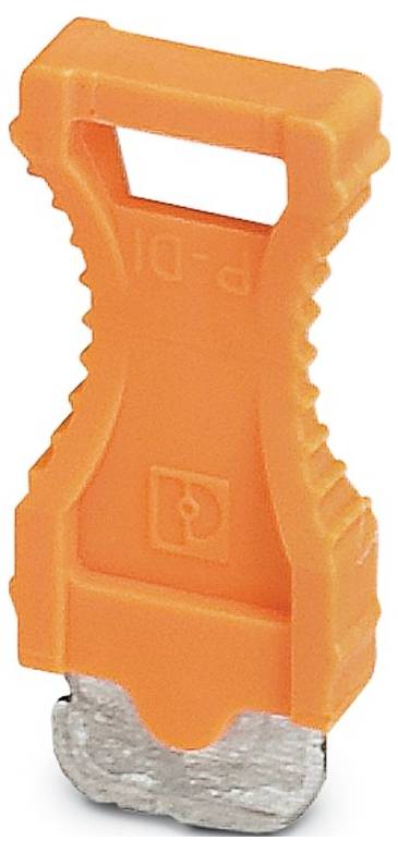 Eine orangefarbene elektrische Sicherung mit doppelten Stiften, mit einem Griff oben, geeignet für Kraftfahrzeuggebrauch.