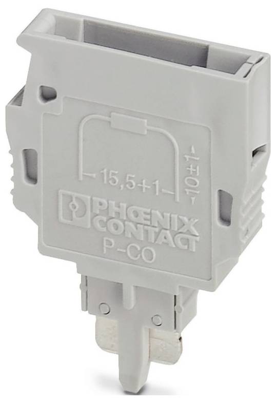 Grauer Phoenix Contact P-CO Stecker mit gedruckten Ziffern und Buchstaben, mit einer spezifischen Konfiguration für elektrische Verbindungen.