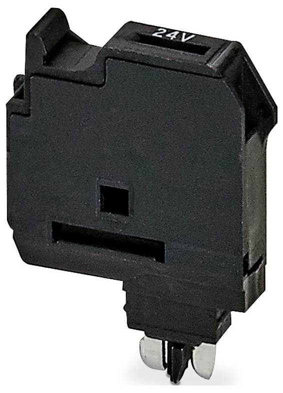 24V-Relaissteckdose in schwarzem Kunststoffgehäuse mit zwei Metallstiften. Konzipiert für elektronische und elektrische Anwendungen.