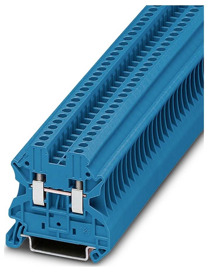 Ein blauer Elektroklemmblock mit mehreren Anschllusspunkten, der zum Befestigen und Organisieren von Drähten in Stromkreisen verwendet wird.