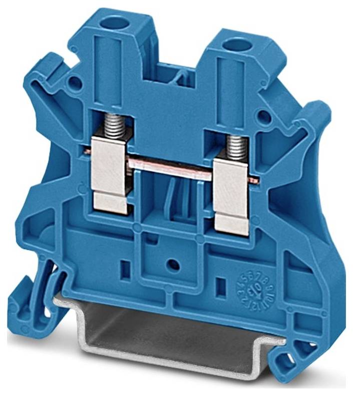 Ein blauer Elektroklemmblock mit zwei Metallschrauben und einer Montagebasis, verwendet zum Verbinden und Sichern von elektrischen Drähten.