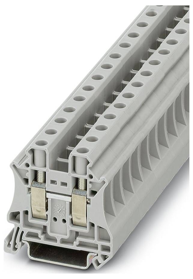 Nahaufnahme eines grauen modularen Klemmenblocks mit mehreren Anschluss­punkten, entwickelt für elektrische Verdrahtung und Schalt­kreisver­waltung.