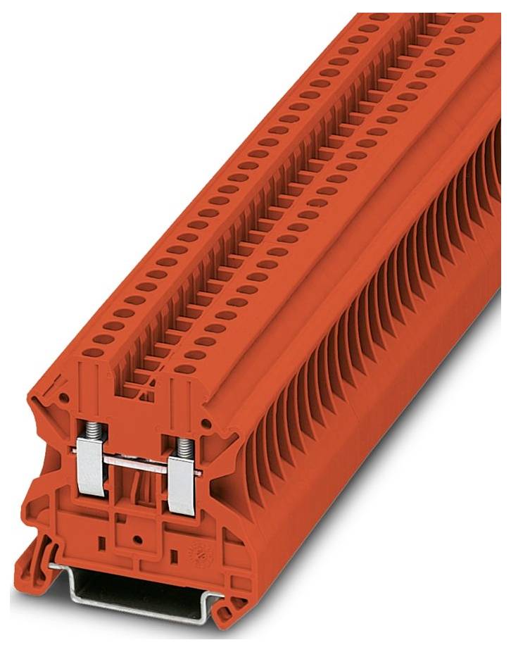 Ein rotes elektrisches Steckerleistenblock mit mehreren Schlitzen zur Verdrahtung, entwickelt für sichere Installation in elektrischen Systemen.