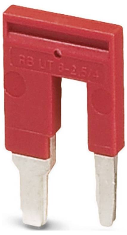 Eine rote elektrische Sicherung mit zwei Metallstiften, auf der Oberseite mit 