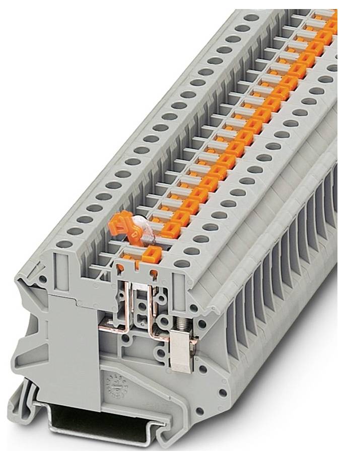 Ein grau und orange farbiges Elektroklemmenleisten-Element zum sicheren Verbinden von Drähten in industriellen Elektroinstallationen.
