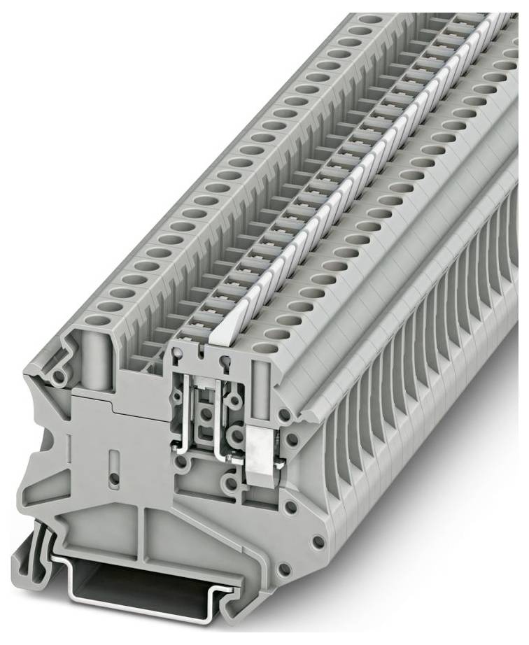 Eine Nahaufnahme eines grauen Elektroanschlussblocks mit mehreren Anschllusspunkten und beschrifteten Schlitzen, die sein Design und seine Funktionalität zeigt.