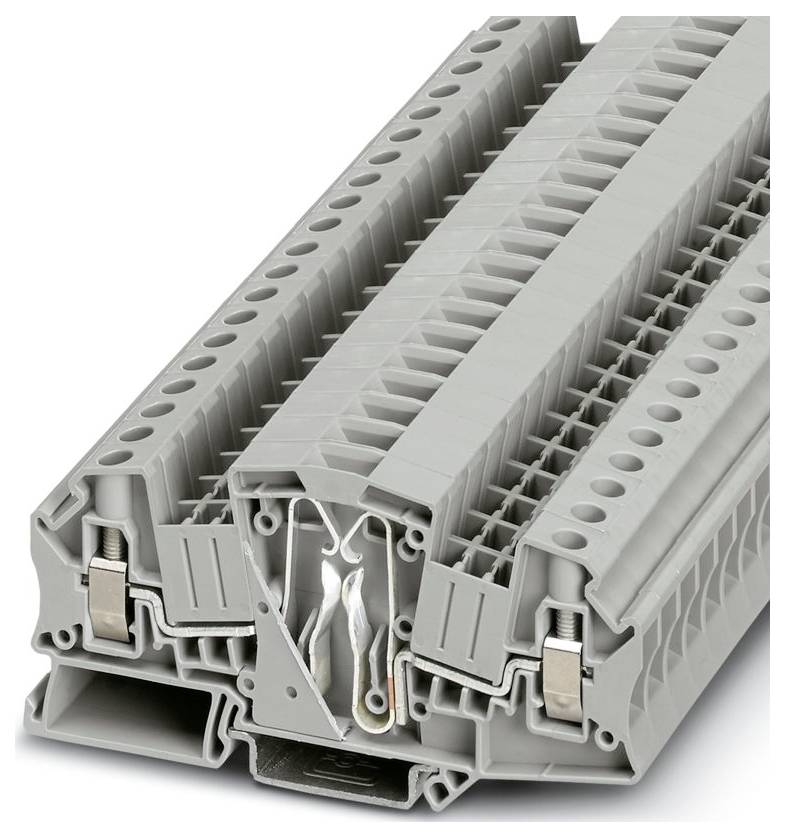 Ein grauer modularer Klemmblock mit mehreren Anschllusspunkten, entworfen für elektrische Verdrahtungssysteme, zeigt detaillierte Komponenten.