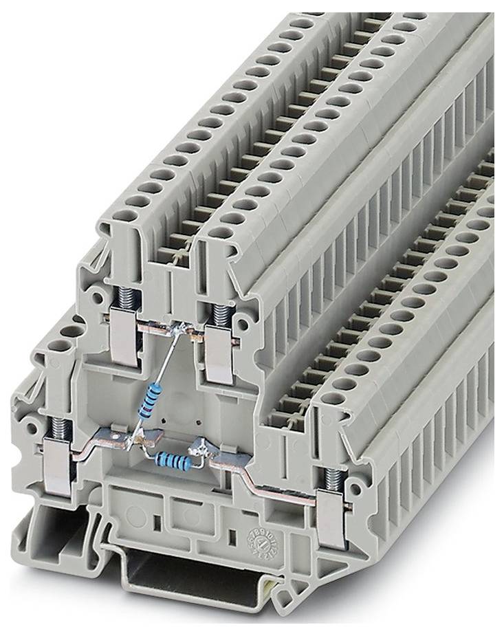 Kunststoff-Modulklemme für elektrische Verbindungen mit mehreren Anschlussplätzen und integrierten Widerständen für die Schaltungsverwaltung.