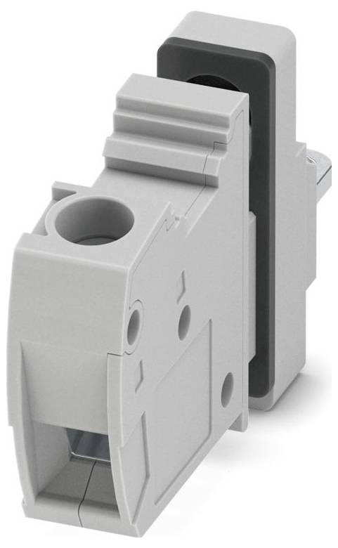 Eine graue elektrische Komponente mit einem Schlitz, vermutlich ein Schutzschalter oder Schalter, mit rechteckiger Form und hervorstehendem Abschnitt.