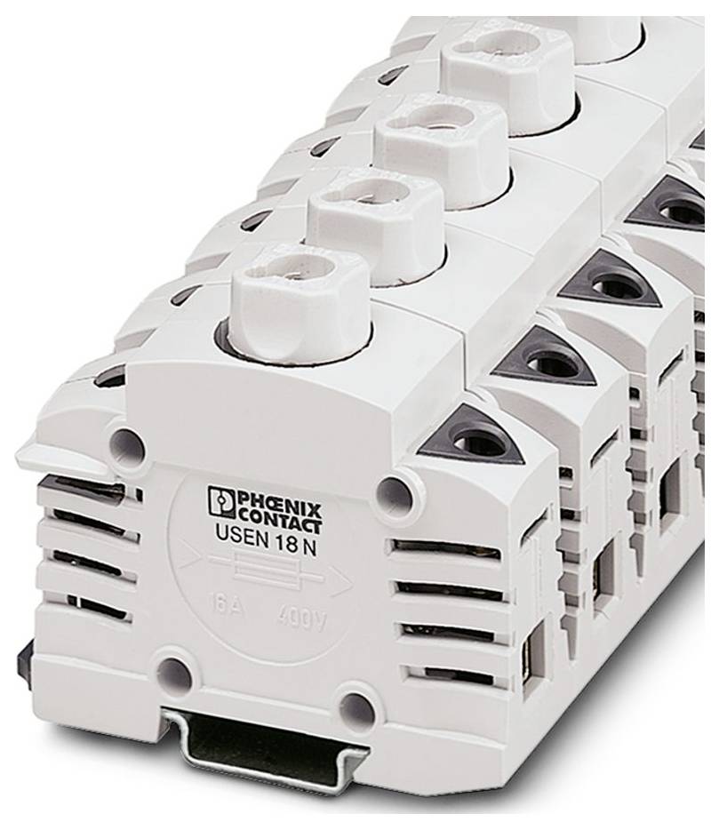 Ein weißes, mehrgliedriges Klemmblock mit Markentext „Phoenix Contact