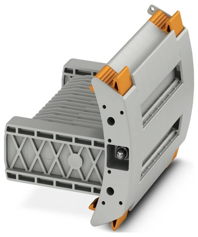 Ein grauer und orangefarbener elektrischer Steckverbinder mit mehrstufigem Design, mit verschiedenen Schlitzen und Schraubenlöchern für Montage und Verkabelung.