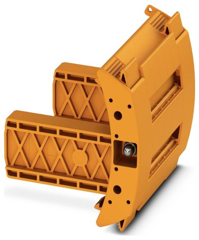 Ein orange, industriell wirkendes Kunststoffclip mit Gitterdesign und Bolzen in der Mitte, möglicherweise eine mechanische oder elektrische Komponente.