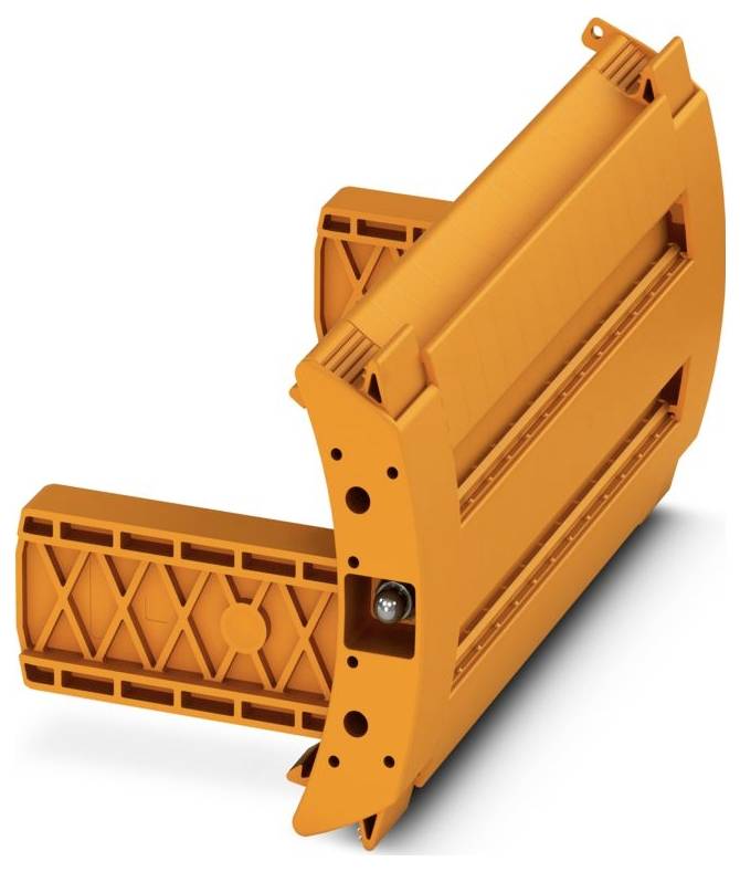 Ein orangefarbenes Kunststoffgerät mit einem rechteckigen Rastermuster, das Schraubenlöcher und mehrere Schlitze für Stecker oder Komponenten aufweist.