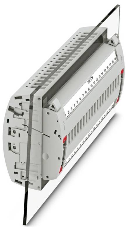 Elektrisches Schaltfeld in einem rechteckigen, transparenten Kunststoffgehäuse mit mehreren Schaltplatzaufnahmen auf beiden Seiten, aus einem Winkel betrachtet.